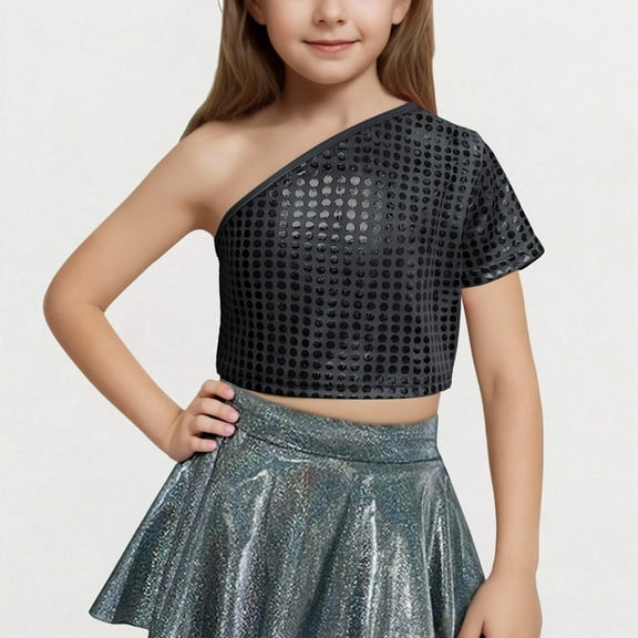 BRGZLK Kids Summer Cute Tops ,Children's Performance Costume Sequin Sloping Shoulder T-Shirt With Exposed Waist and Navel Elastic Top Black 3-4 Years