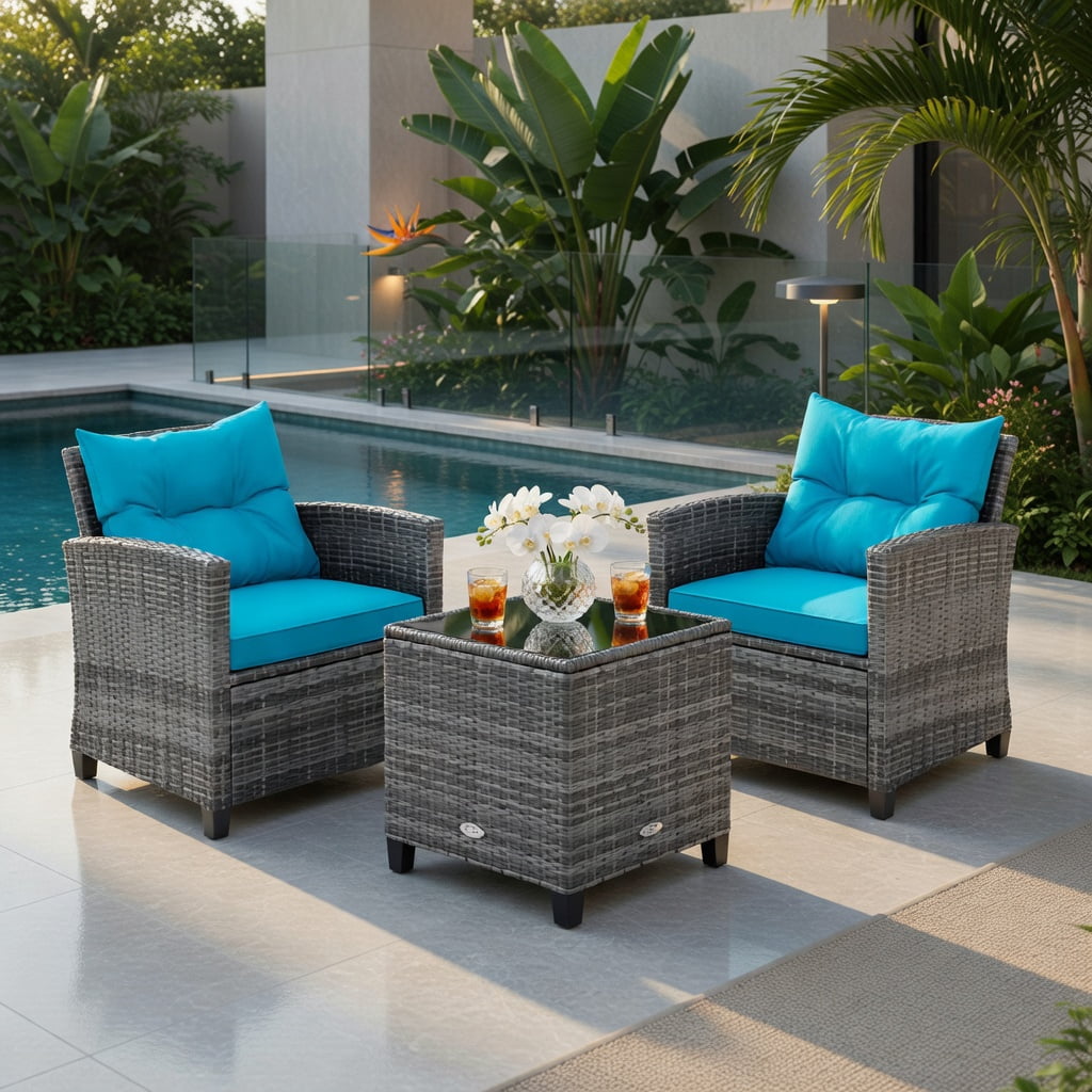 Hommoo 3-Piece Outdoor Wicker Conversation Set, Tempered Glass Coffee Table & 2 Armchairs with Removable Cushions, PE Rattan & Steel Frame, Turquoise