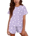 thumbnail image 4 of CYRBOKO Girls Outfit Sets, Tops and Shorts Summer Short Sleeve Elastic Waist Casual Loungewear Two-piece Sets Purple Size 5-6 T, 4 of 8