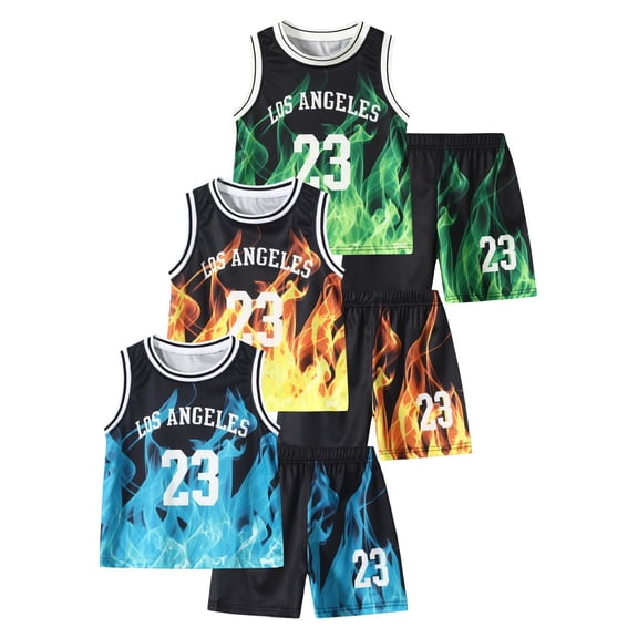 Fdqin Boys' Athletic Shorts Set 6 Pieces Basketball Jersey Tank Top and Shorts Set Summer Outfits for Kids Blue Yellow Green 11-12Y