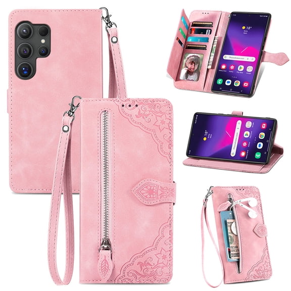 SYITOOCK Phone Case for Samsung Galaxy S24 Ultra, Shockproof PU Leather Wallet Case with Card Slots Anti-Scratch Stand Magnetic Flip Zipper Pocket Cover for Samsung Galaxy S24 Ultra, Pink