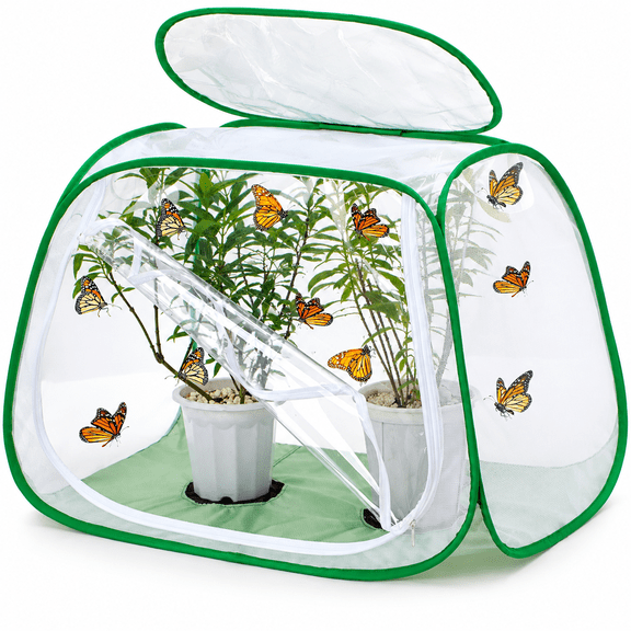 PETORIX Outdoor Pop-Up Large Insect and Butterfly Net Habitat，With Rainproof Top Cover Increase Survival Rate, Windproof Trapezoidal Design，Collapsible Caterpillar Growing Mesh Cage Terrarium