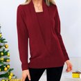 thumbnail image 2 of XFLWAM Women Deep V Neck Fake Two Piece Long Sleeve Knitted Sweater Solid Color Blouse Loose Pullover Tops Wine Red XL, 2 of 6