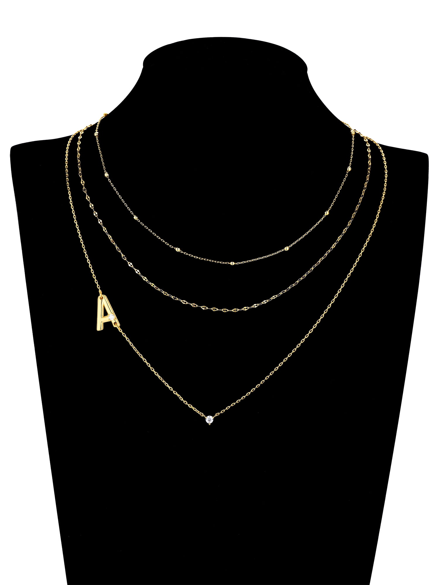 Believe by Brilliance A Triple Chain Initial Necklace Set in 14KT Gold Flash Plated Brass
