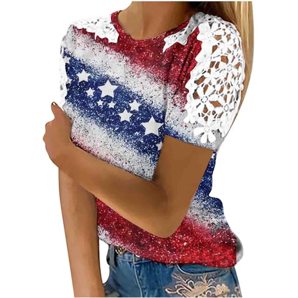 Camisas de Manga Corta para las Mujeres Impresión Cuello Redondo Suéter Encaje Camisa, Blusa de Verano Casual para las Mujeres