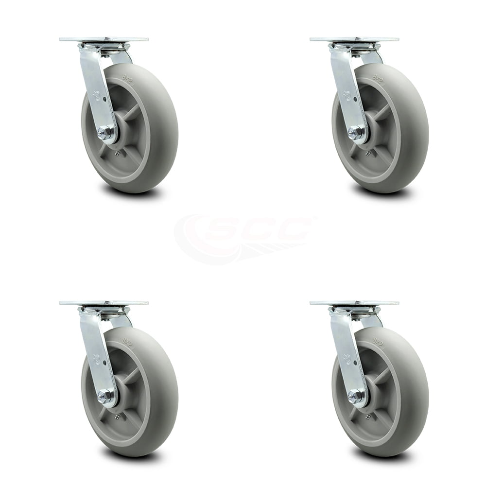SCC 8" x 2" Thermoplastic Rubber Wheels Caster Set 4-2 Swivel w/Brakes/2 Rigid 