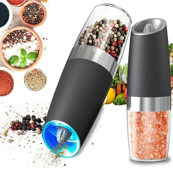 BN-LINK Gravity Electric Pepper and Salt Grinder Set, 2pack Battery Operated Automatic Pepper Mill Grinder with LED Light, Adjustable Coarseness, One Hand Automatic Operation, for Home Kitchen BBQ