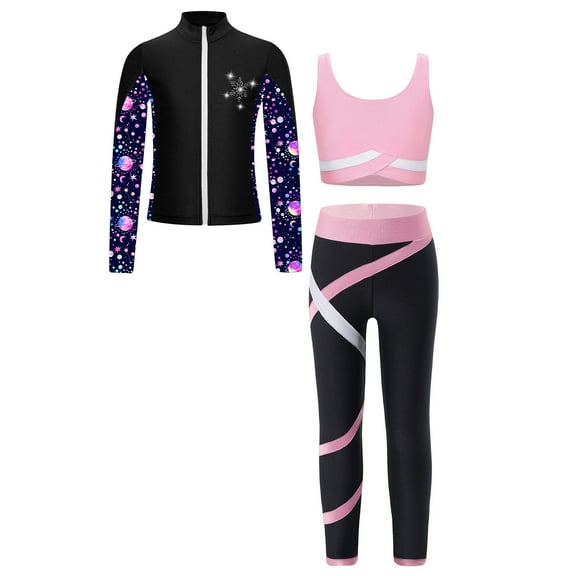 Jizyo Kids Girls Ice Skating Suit Stripe Zipper Jacket Vest with Patchwork Pants Set Yoga Workout Pink 12