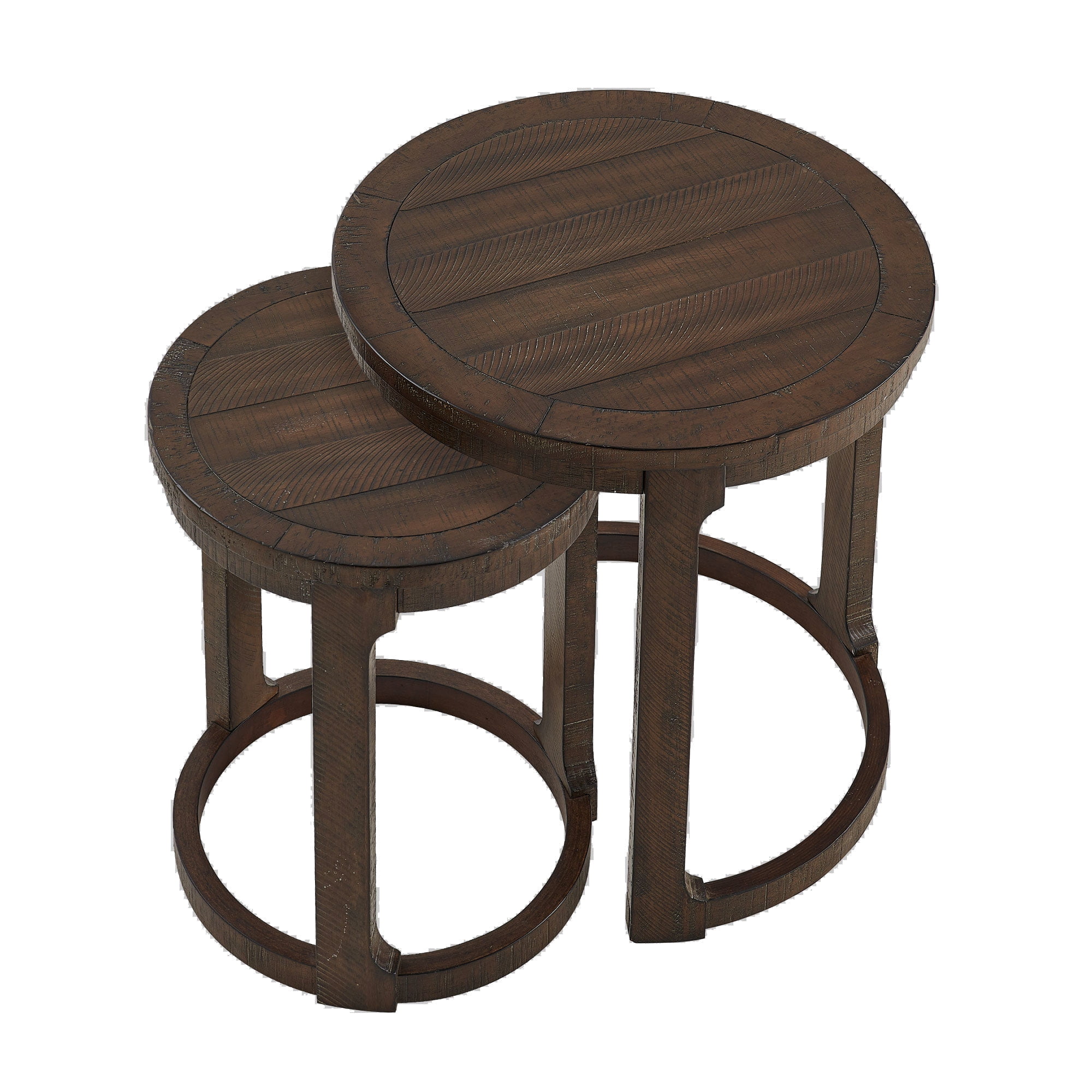 24 Inch Curved Round Coffee Table Set, Mid Century Rustic Style Nesting Side Tables with Staggered Height, Solid Wood and MDF Construction, Dark Brown Finish