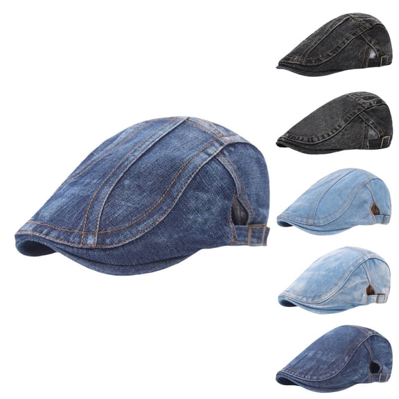 Helii Washed Denim Newsboy Hat for Men Women, Unisex Cabbie Driving Flat Cap, Cotton Duckbill Ivy Gatsby Hat, Adjustable Retro Baker Boy Cap Blue,One Size