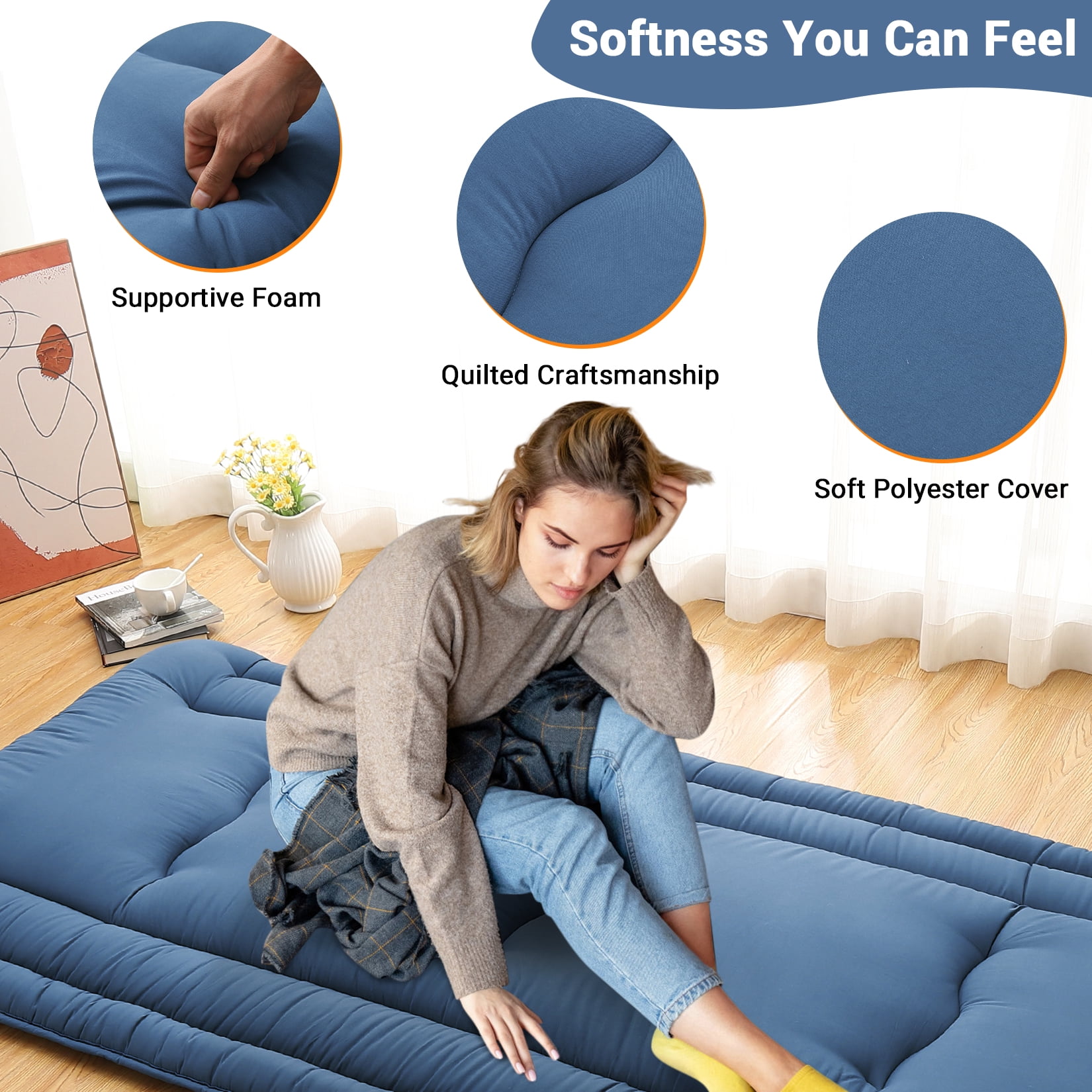 Twin Size Foldable Floor Mattress, Japanese-Style Roll-Up Foam Sleeping Mat, Space-Saving Tatami Floor Bed for Living Room or Bedroom, Navy Blue