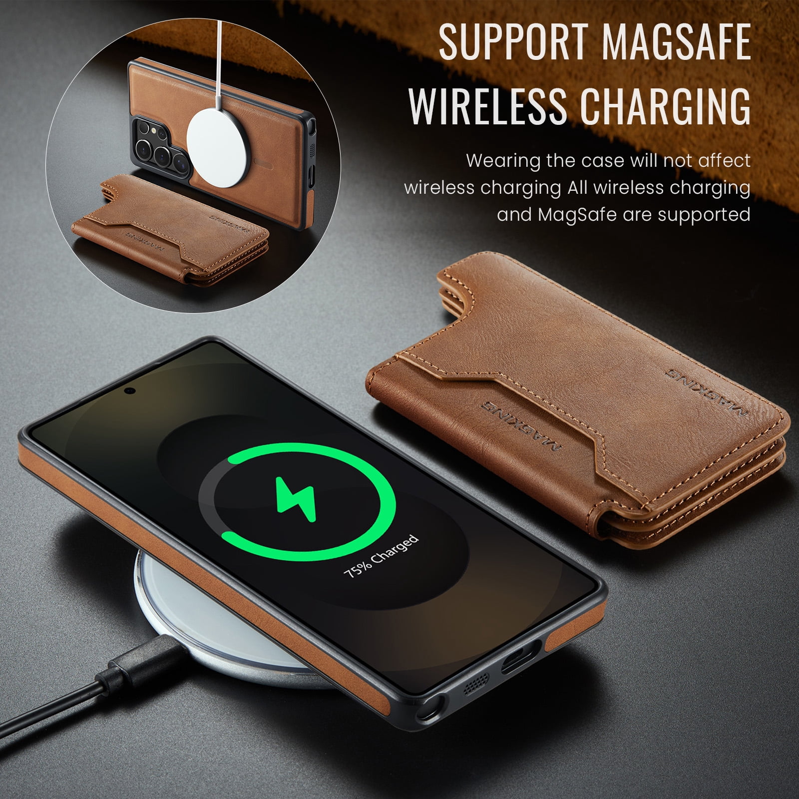 Designed for Samsung Galaxy S24 Ultra Wallet Phone Case,Magnetic Detachable Flip Card Holder,Back Flip Kickstand,Compatible with Mag-Safe,2-in-1 PU Leather Heavy Duty Shockproof Phone Case,Brown