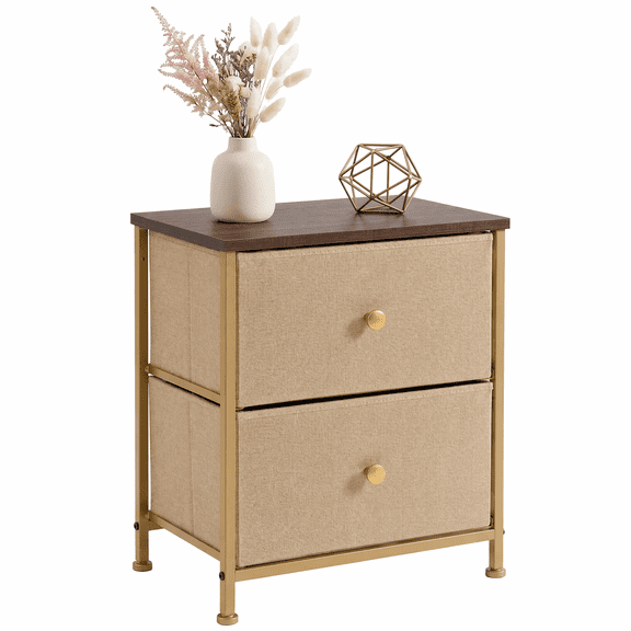 Set of 2 Nightstands with Storage Drawers, Small Bedside Table Storage Organizer with Wooden Top, Fabric Dresser Cabinet for Living Room Dorm, Entryway