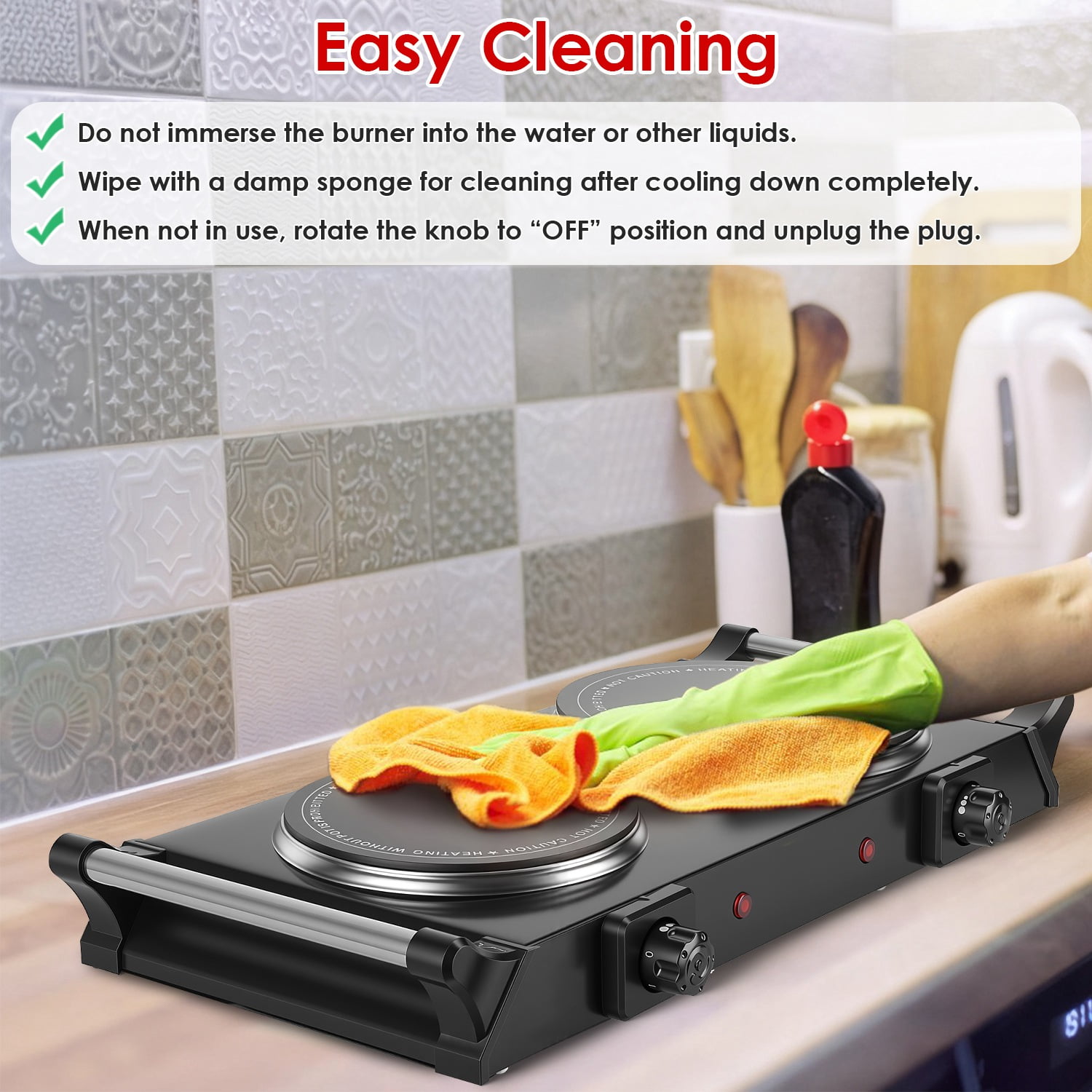 Dual Electric Hot Plate - 5-Second Fast Heating with 6.3 & 7.5 Inch Glass Plates, 800W+1000W Power, Thermostat Control & Auto Shut-Off, 338-1022°F Adjustable Temp, Portable for Camping, Dorms, Small