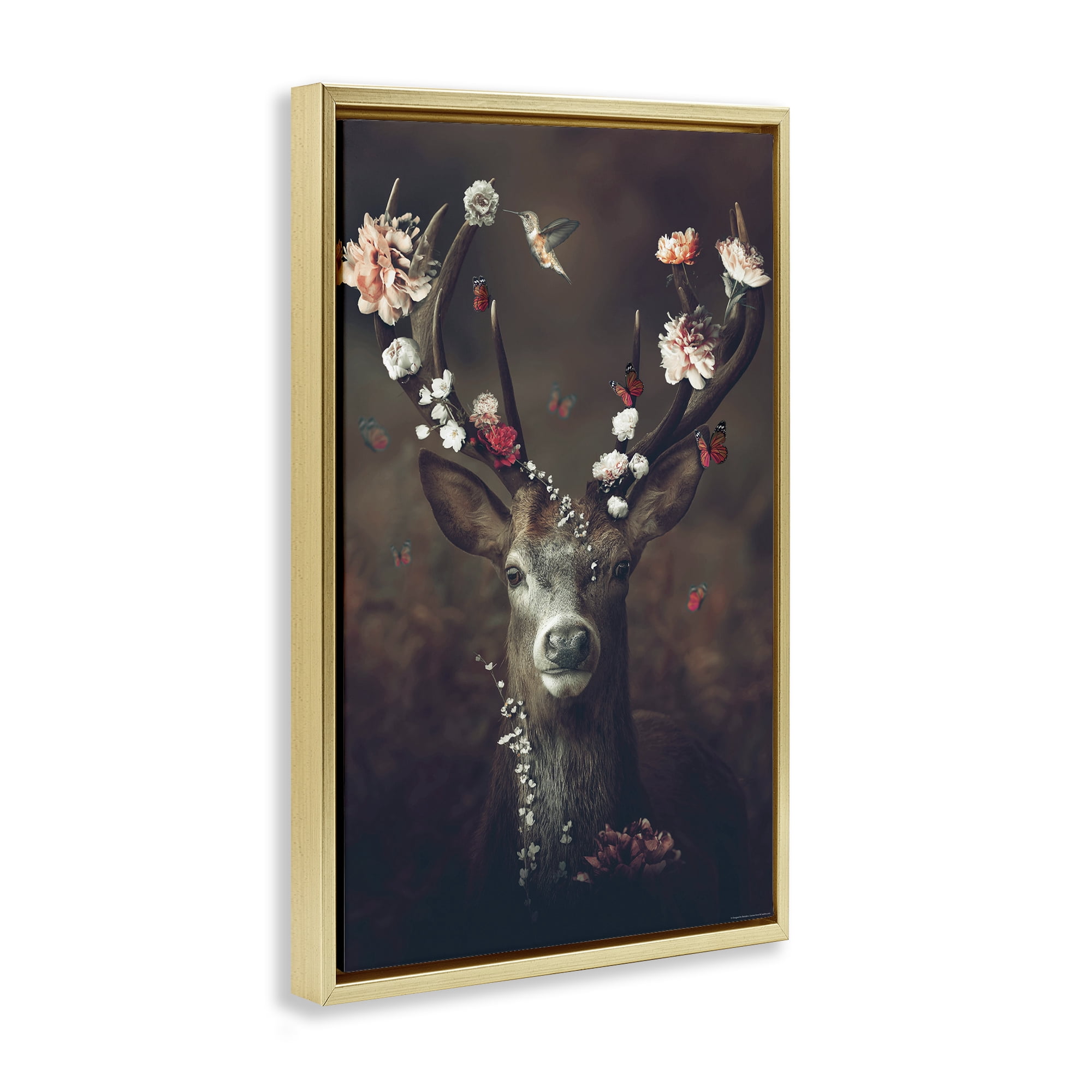 Stupell Industries Flower Bedecked Antlers Animals Painting Gold Floater Framed Canvas Art Print Wall Art, 17 x 25
