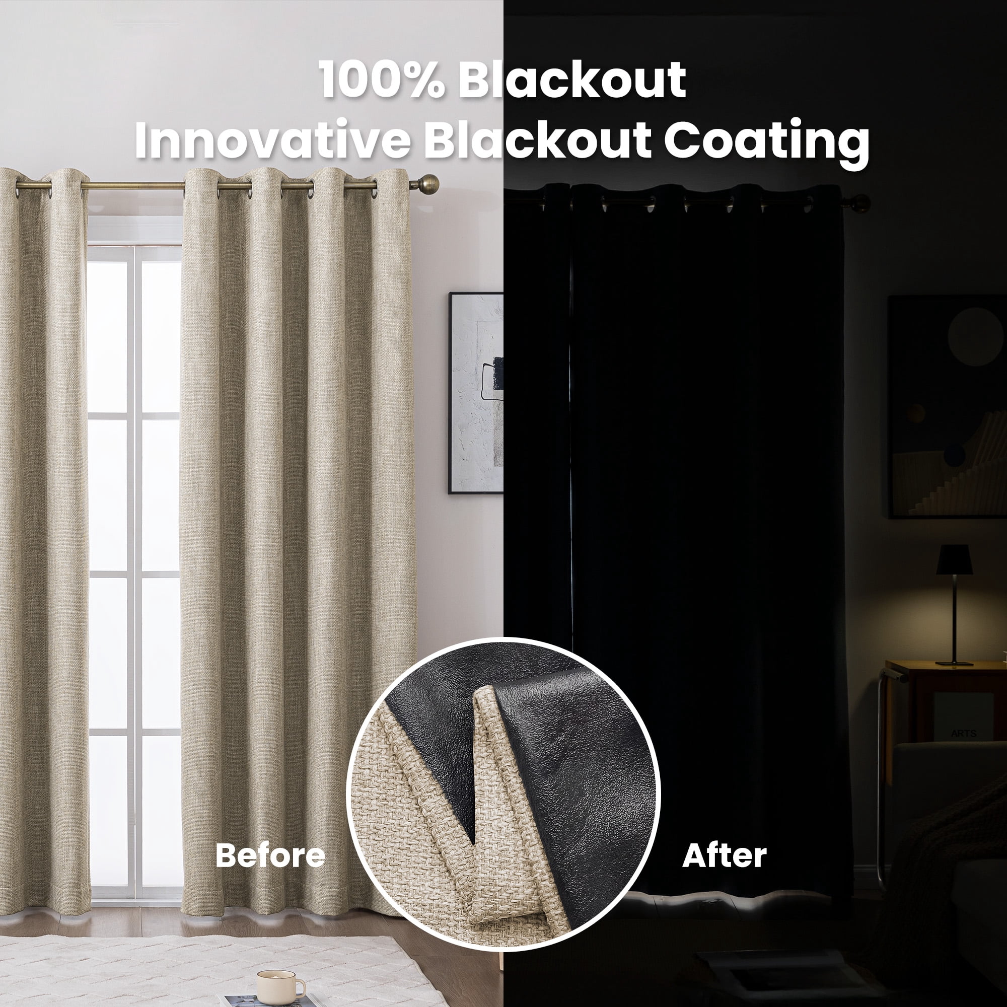 Sleep Zone 100% Blackout Curtains for Bedroom Full Light Blocking Curtains, Two-Sided Reversible Window Curtain for Living Room 2 Panels, 52" x 84" Coffee