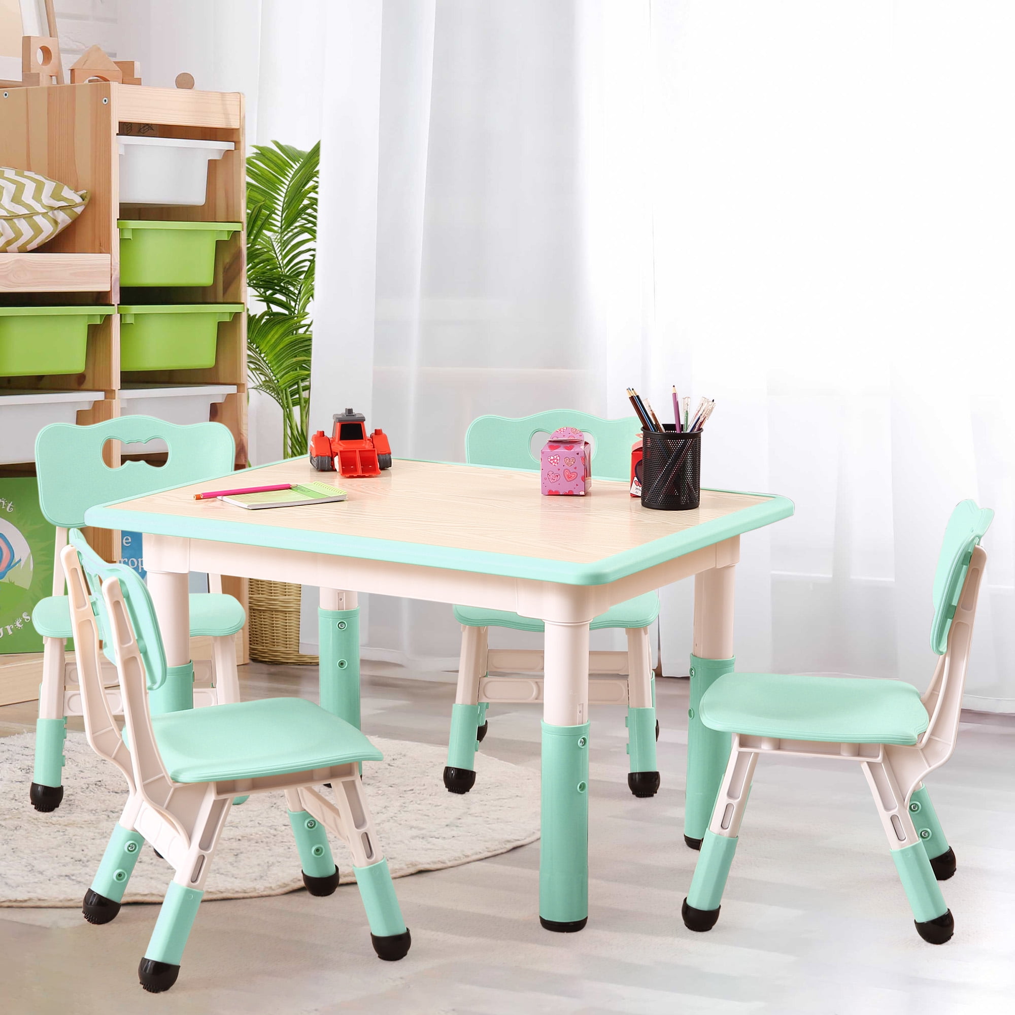 Toddler Table and Chair Set, Height Adjustable Kids Table and Chair Set of 4, Toddler Table for Reading, Drawing, Eating, for Ages Over 3, Light Blue