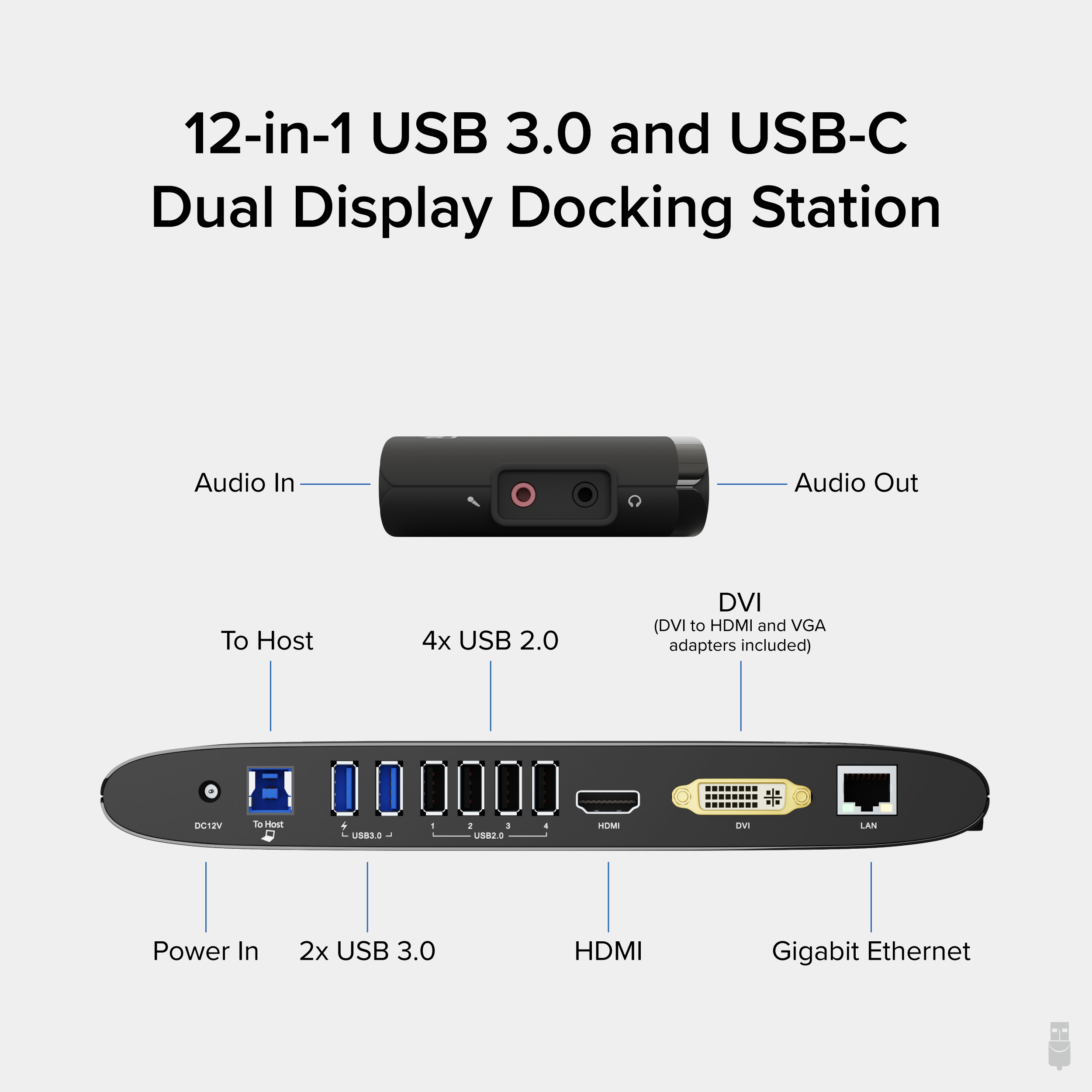 Plugable USB 3.0 Universal Laptop Docking Station for Windows and Mac (Dual Monitor: HDMI and DVI/HDMI/VGA, Gigabit Ethernet, Audio, 6 USB Ports) - Horizontal - image 2 of 8