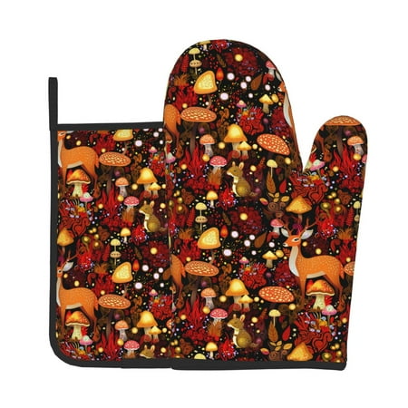 

Xecao Warm Forest Plants and Deer Pattern Oven Mitts and Pot Holders Sets Heat Resistant Silicone Oven Mittens Extra Thicken Long Kitchen Cotton Oven Glove for Cooking