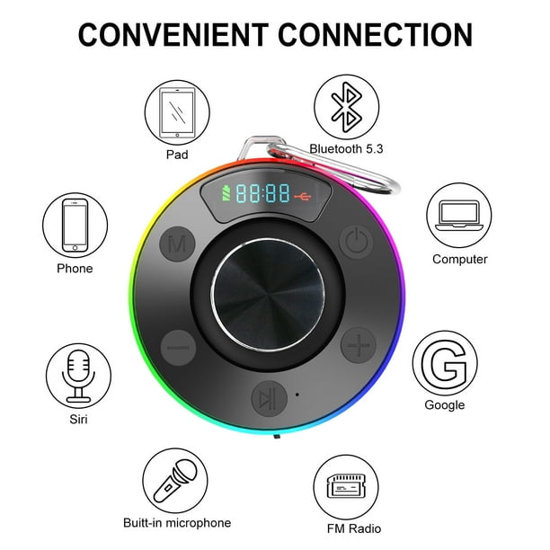 Fiudx Altavoz Bluetooth Impermeable, Ipx7 Resistente Al Agua, Diseño Mini Inalámbrico, Radio y Reloj Compactos, Portátil para Baño, Actividades Al Aire Libre, 1 Altavoz Incluido.