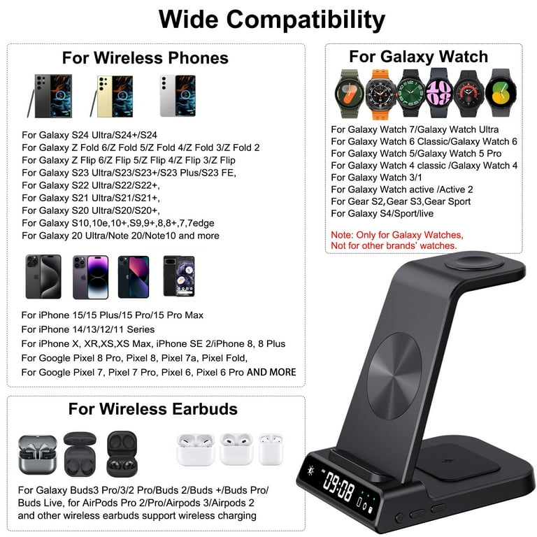 3-in-1 Clock Wireless Charger for Samsung S23 Ultra/S22/Z Fold