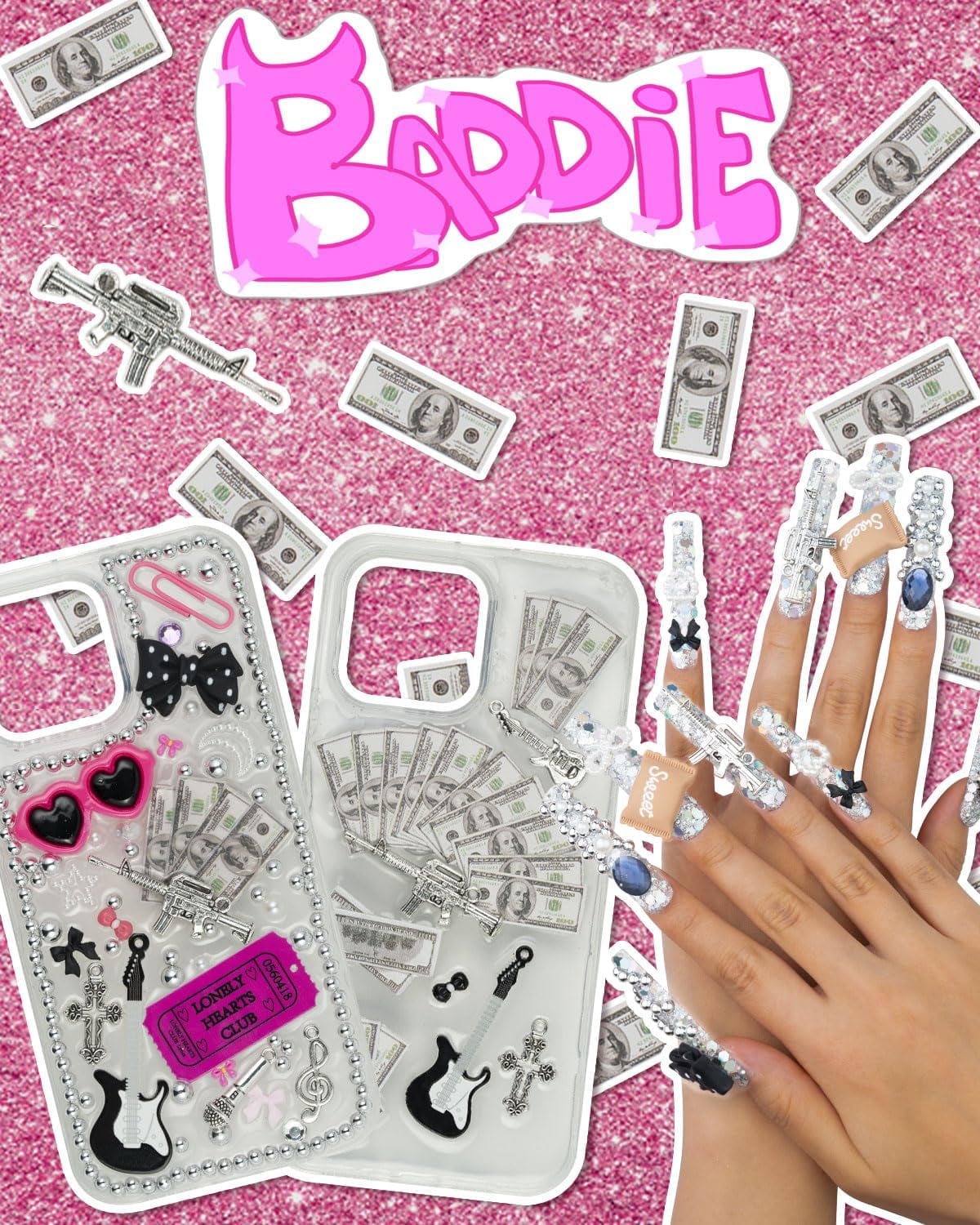 2250 Pcs Junk Case Charms Kit, Charms for Junk Cases, Phone Case Charms, Junk Case Kit with Big Charms, Bow Charms, Nail Charms, Letter Beads, Pink Charms,Junk Beads Charms