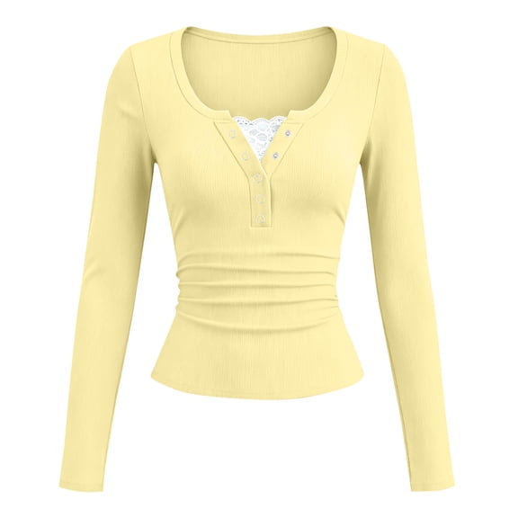 SHTXOZHI Ribbed Long Sleeve Tops for Women Lace Trim Fitted Dressy Shirts Solid Color Casual Work Base Layer