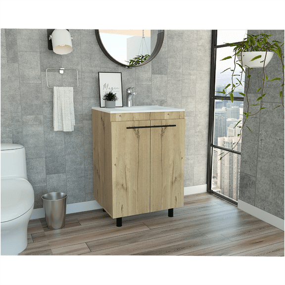 JERFIT 24 inch Bathroom Vanity Floor Cabinet with Sink, Double Door Storage & Shelves, Freestanding Light Oak Beige Particle Board