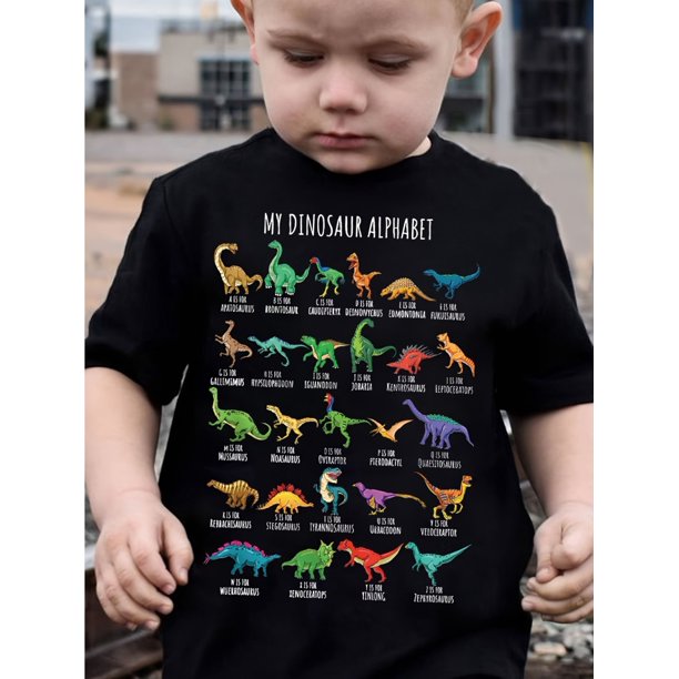 Camiseta de verano con letras de dinosaurios para niño: bonita y casual, de manga corta con estampado de letras, de algodón.