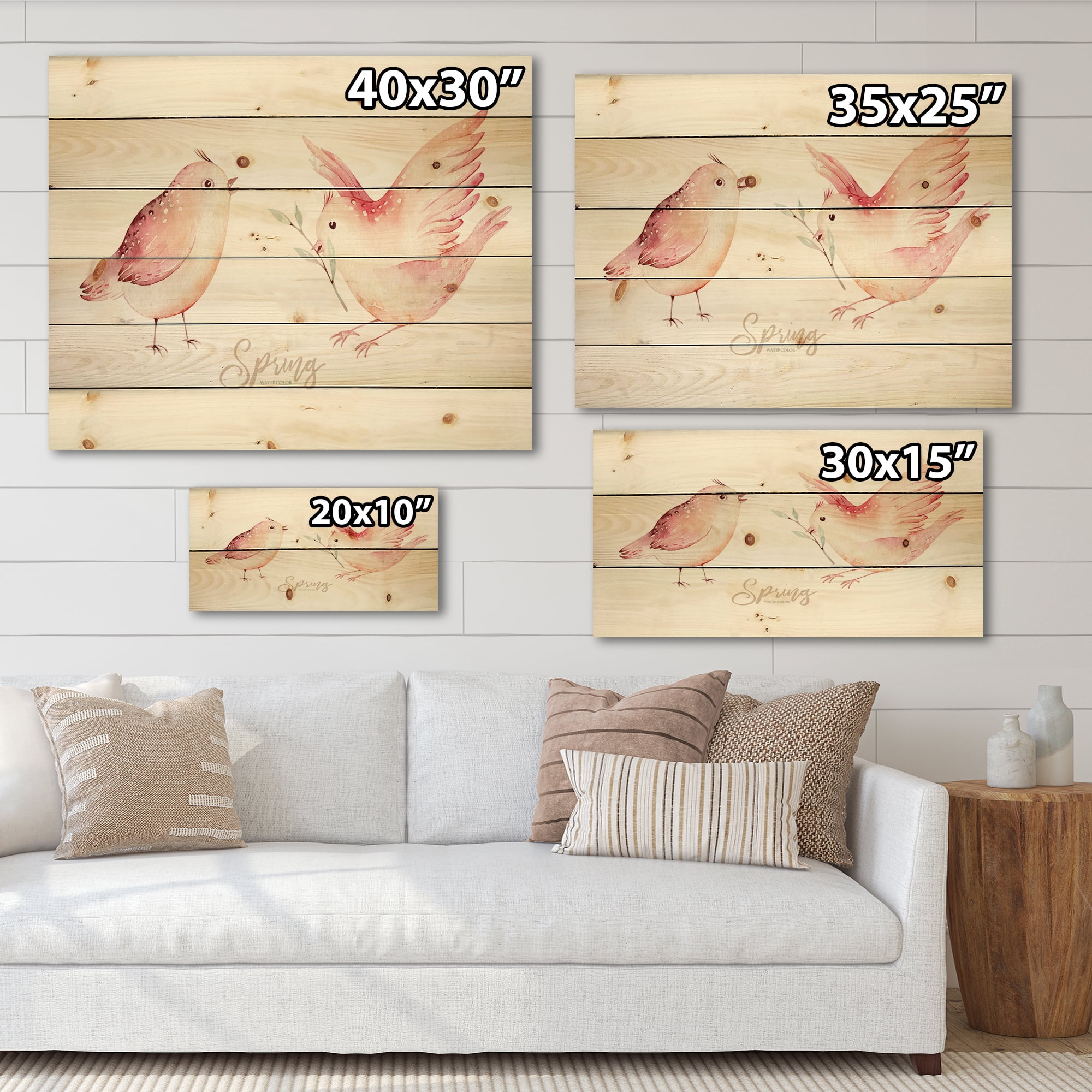 Designart 'Spring Bird With Green Leaves On White' Traditional Print on Natural Pine Wood