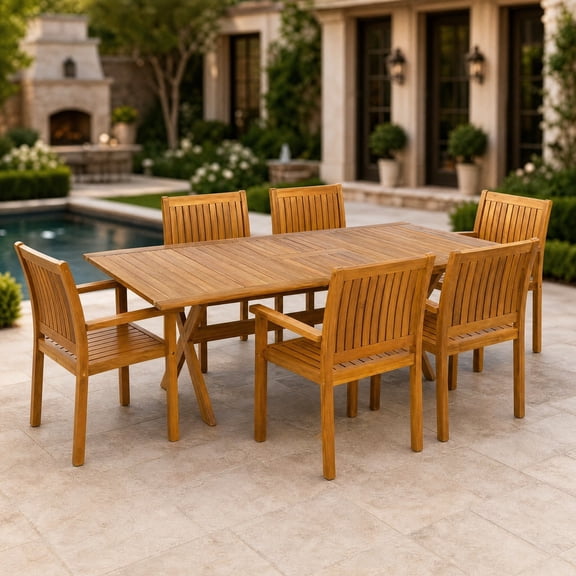 FFZ 7-Piece Acacia Wood Outdoor Dining Set with Expandable Table and 6 Chairs, Teak