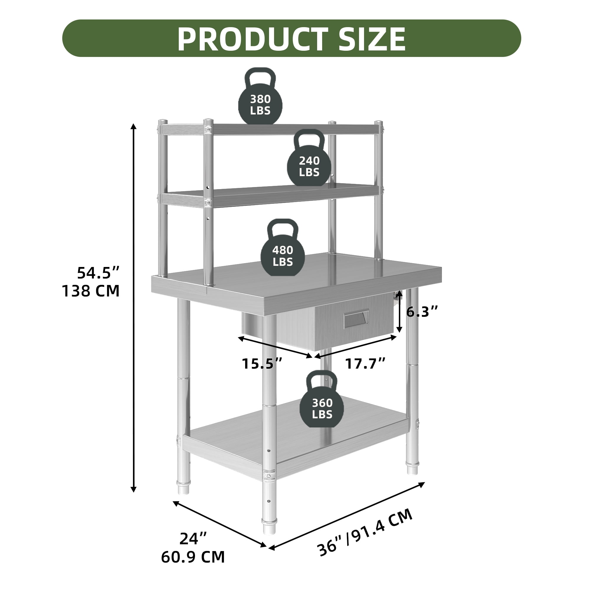 Uforic NSF Stainless Steel Table with Adjustable Height, Storage Rack, Towel Hanging Bar, Overshelves, Drawer, 36" x 24" for Kitchen, Restaurant