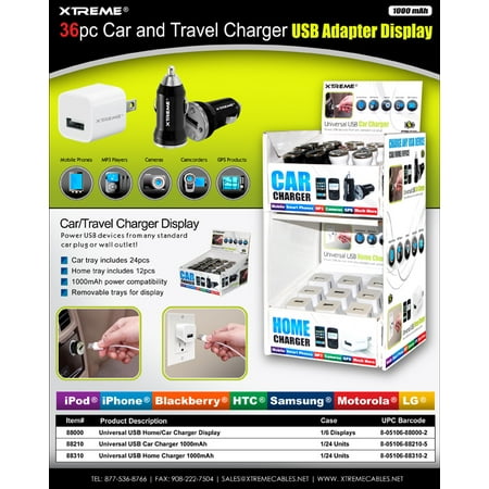 36pc Car and Travel Charger USB Adapter Display Black & White