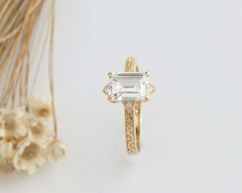 HeartsAndYou 2ct Emerald Cut Moissanite Engagement Ring for Women Milgrain Filigree 18k Yellow Gold over Silver