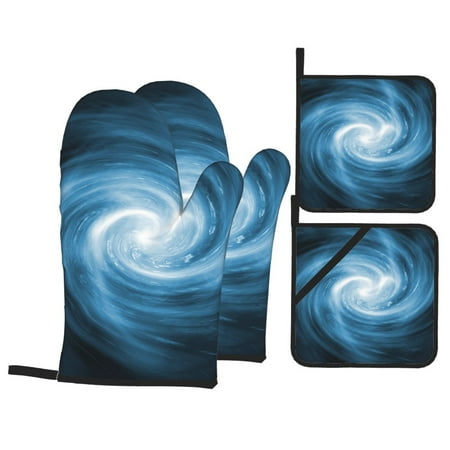 

YFYANG Oven Mitts and Pot Holders Sets 4 Pieces Non-Slip Heat Resistant Blue Fractal Vortex Kitchen Glove Pot Mat for Cooking and Baking