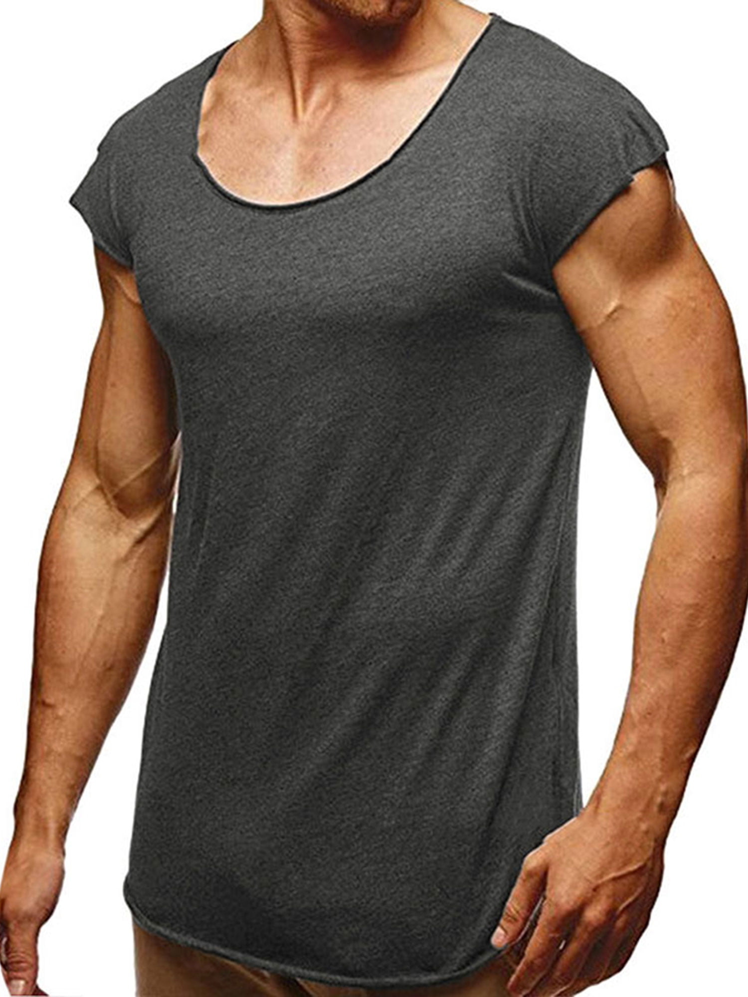 Men's Scoop Neck T Shirts Short Sleeve Muscle Cut Tee Tops for Athletic Gym Workout Bodybuilding Build 100% Washed Cotton 
