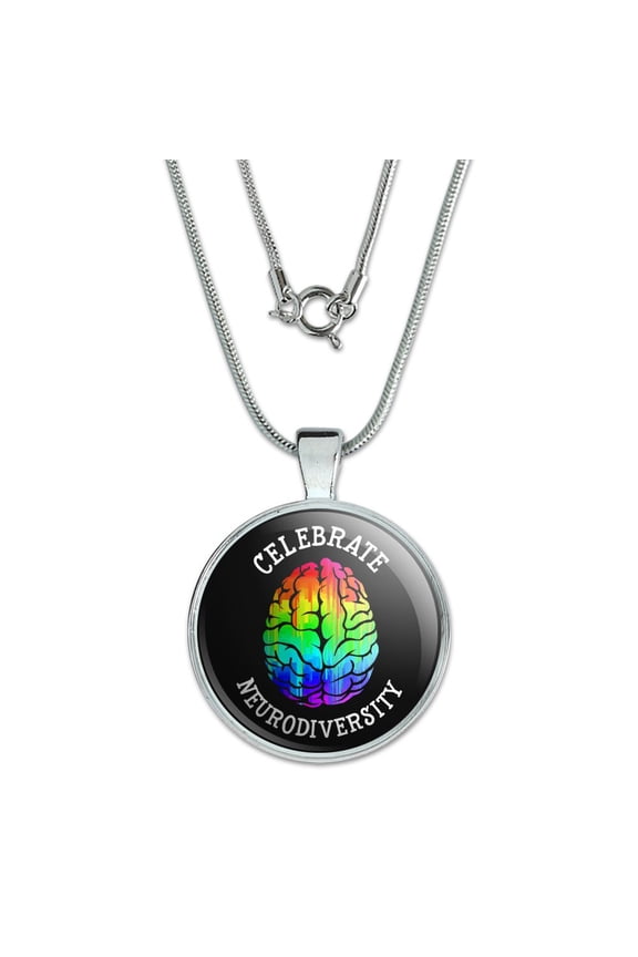 Celebrate Neurodiversity Brain Autism Rainbow Spectrum 1" Pendant with Sterling Silver Plated Chain
