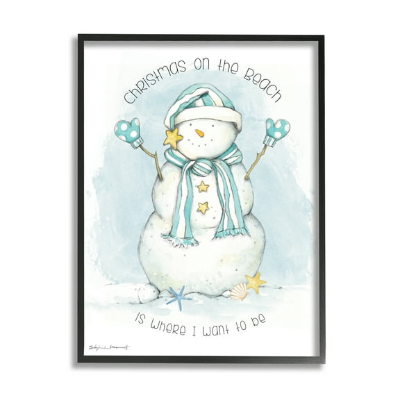 Stupell Industries Christmas On the Beach Sentiments Nautical Snowman Nature Painting Black Framed Art Print Wall Art, 11 x 14