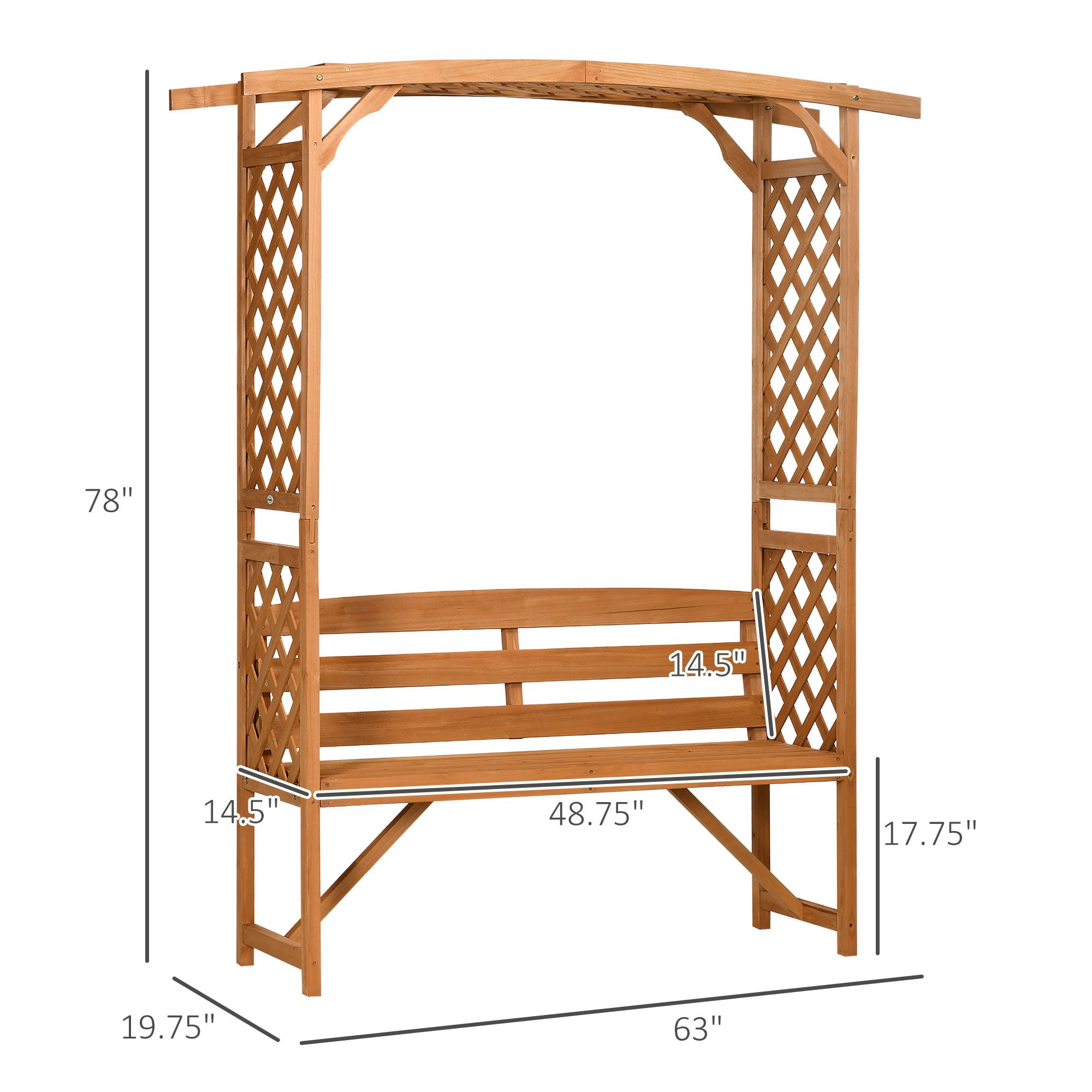 63IN Wooden Arch Arbor Garden Bench with Trellis and Pergola Outdoor Seating for Patio Wedding Party Decor