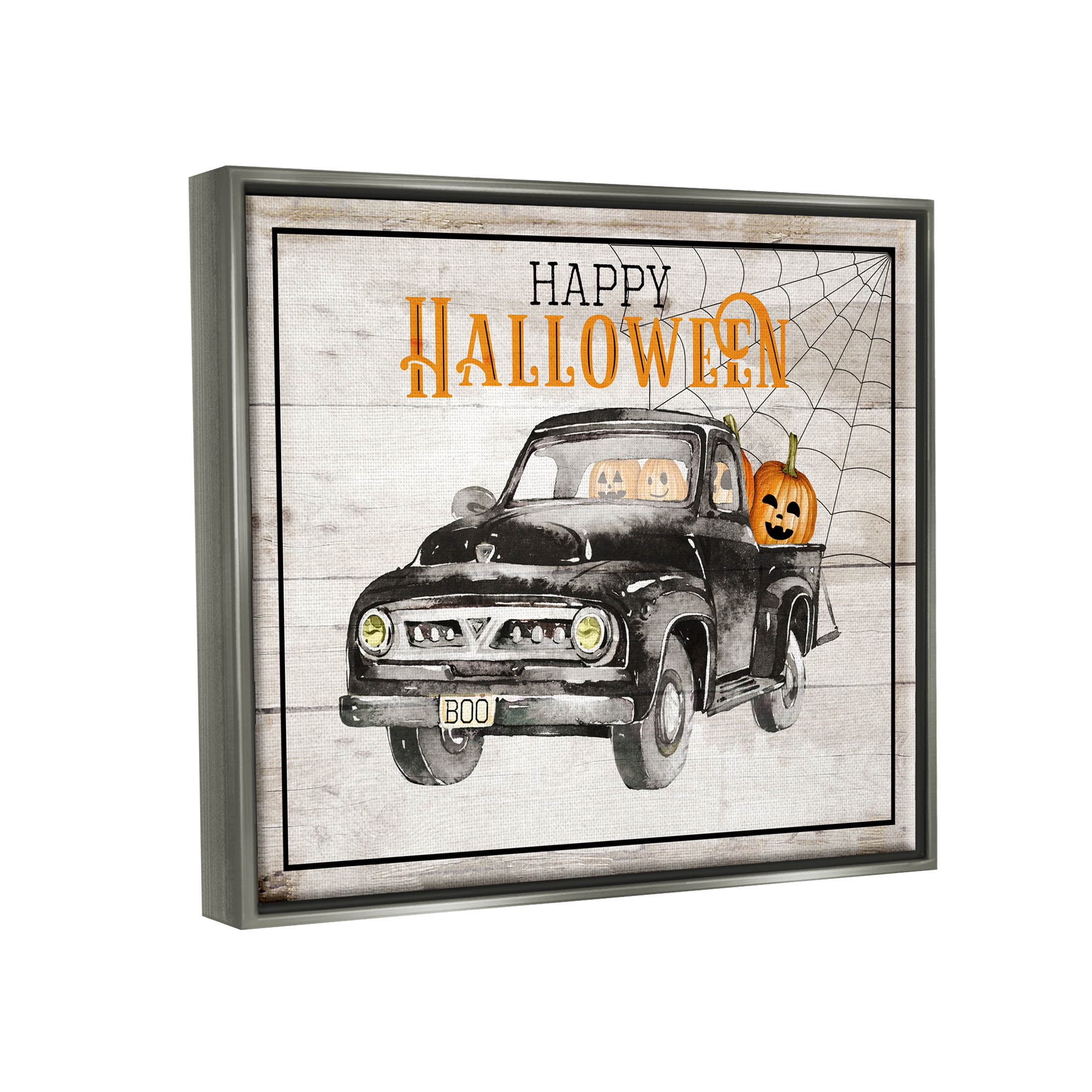 Stupell Industries Happy Halloween Pumpkin Truck Graphic Art Luster Gray Floating Framed Canvas Print Wall Art, Design by Daniela Santiago