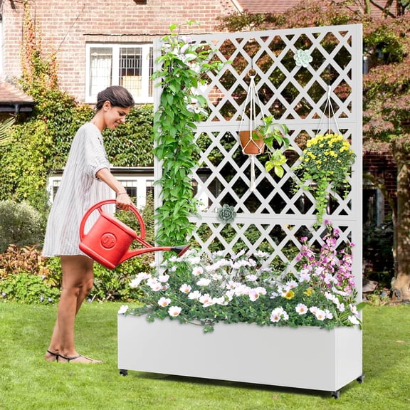 Metal Planter Box with Trellis, Raised Garder Bed with Drainage Hole, Privacy Screen & Trellis for Climbing , Outdoor Stands, 47''L×17''W×73''H, White
