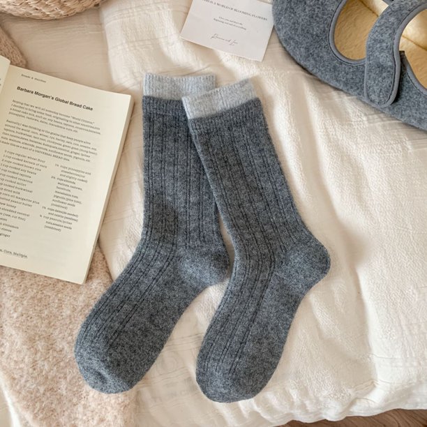 Nvzi Calcetines de mujer de media caña con doble canalé, 3 pares de calcetines casuales cálidos de color gris oscuro, talla única, gruesos, de cuello redondo, adecuados para el invierno.