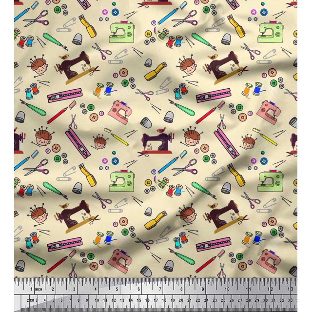 Soimoi Cotton Voile Fabric Scissor,Buttons & Machine Sewing Print Fabric by The Yard 56 Inch Wide