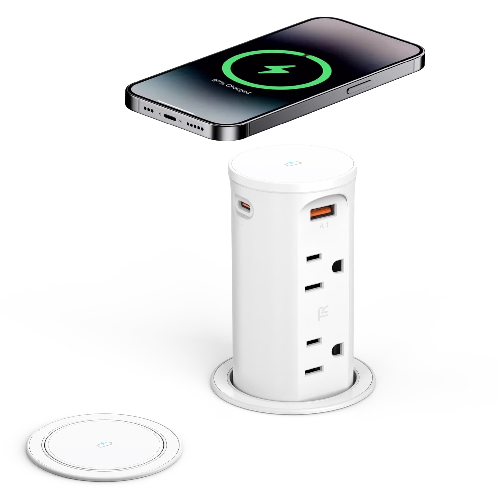 VILONG Pop up Outlet with 15W Wireless Charging & 20W USB-C, 4 AC Outlets & 4 USB Ports, 2.5" Recessed Power Strip, Tamper Resistant, for Kitchen Countertop Office Desk, ETL Listed (White)