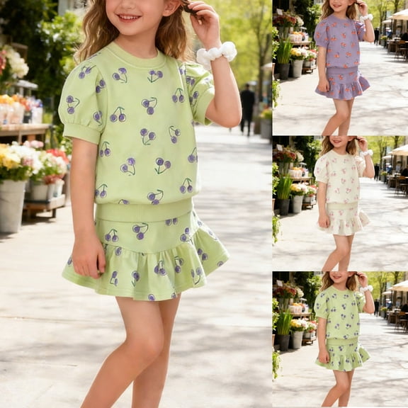 THDHVS Outfits for Girls,Toddler Girl Outfits,Cherry Print Short Sleeve Top and Skort Set for Girls Summer Casual Play Outfit and Style 4-5 Years