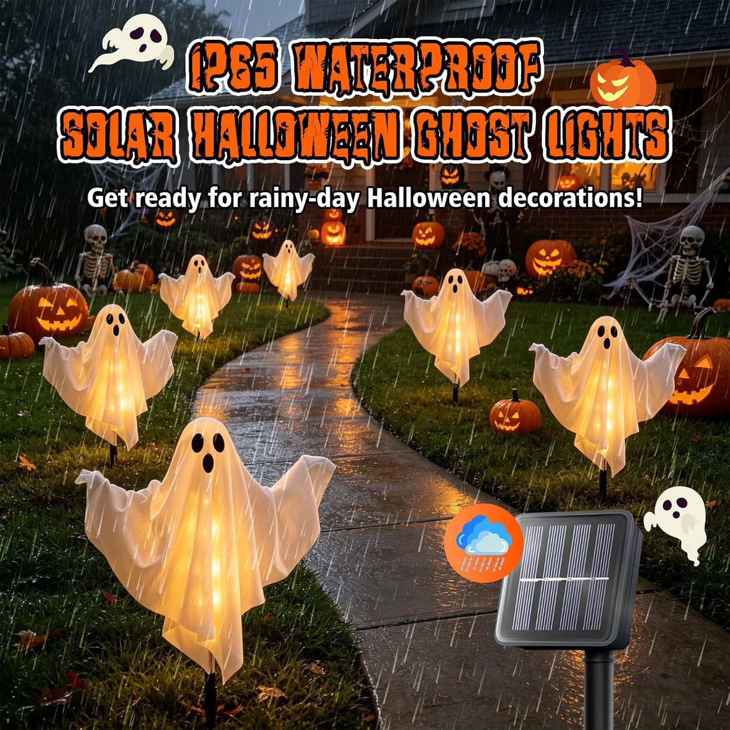 Solar Halloween Ghost Lights, 6-Piece Outdoor Stake Decorations with Warm White Glow and Poseable Arms for Garden Path, Yard, Porch, and Haunted House Displays