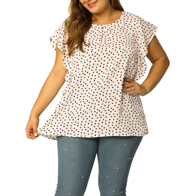 GRACE & GRANDEUR Blouse en Chiffon à Manches Courtes à Volants Col Rond pour Femmes Grande Taille2X Blanc