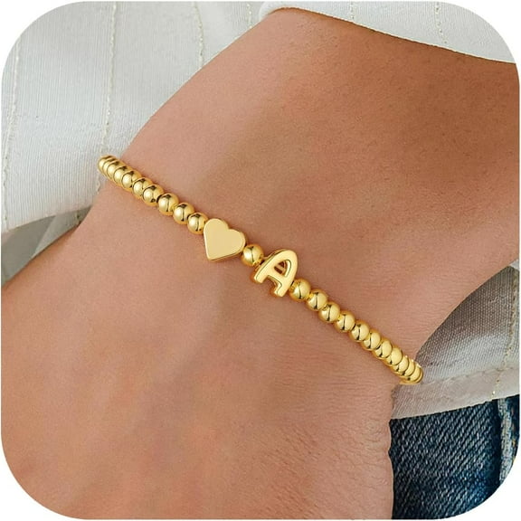 Turandoss 14K Gold Plated Initial Bracelet for Women Girls Dainty Chunky Stretch Beaded Heart Bracelets for Women Trendy Letter Initial A Charm Personalized Jewelry Teen Girls Kids Birthday Gifts