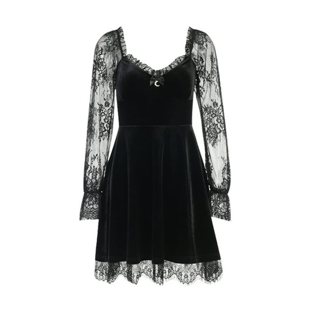 Kmbangi Female Solid Color Lace Stitching V-Neck Long Flare Sleeve Dress