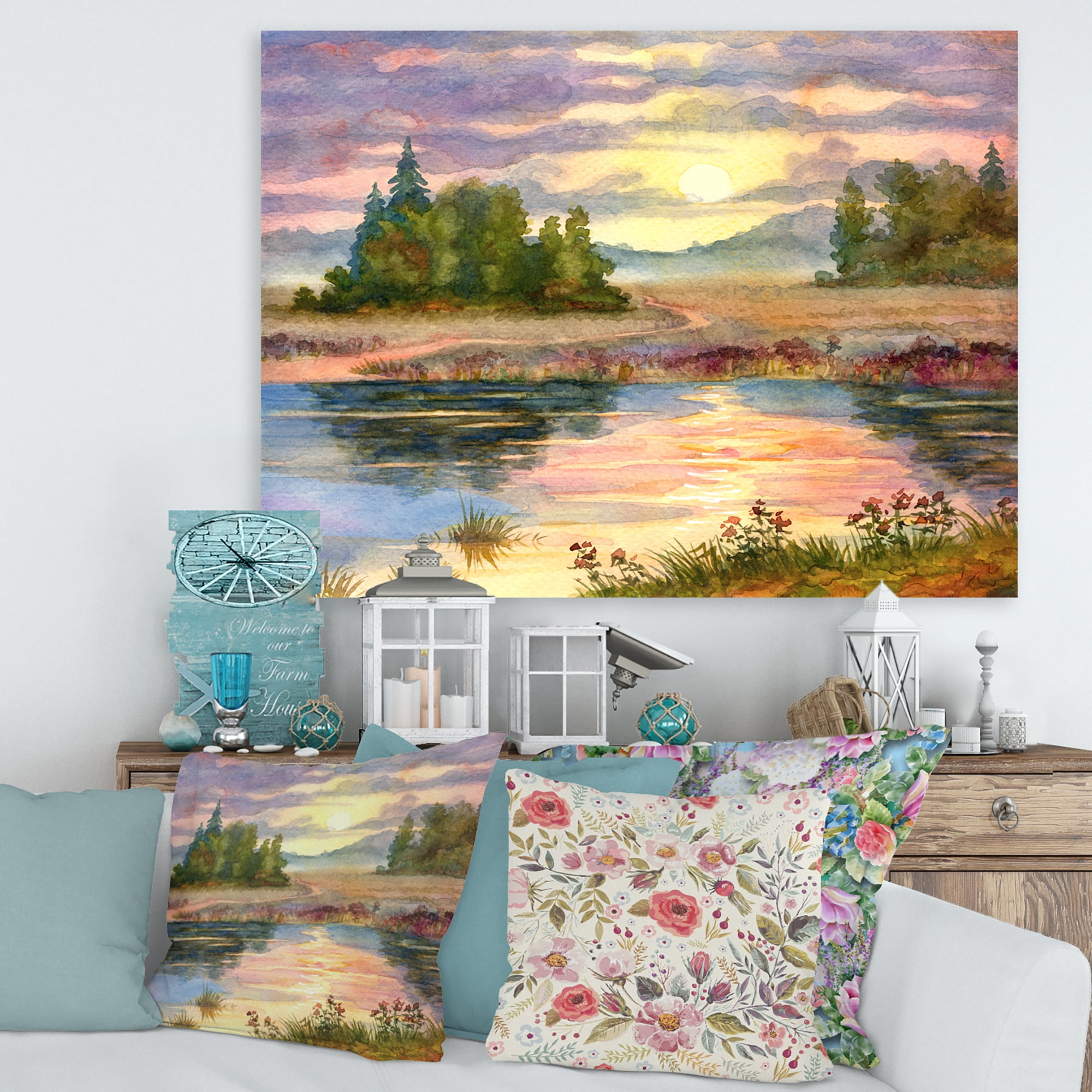 Designart ' The Rural Lake In Sunset Evening I ' Traditional Canvas Wall Art Print